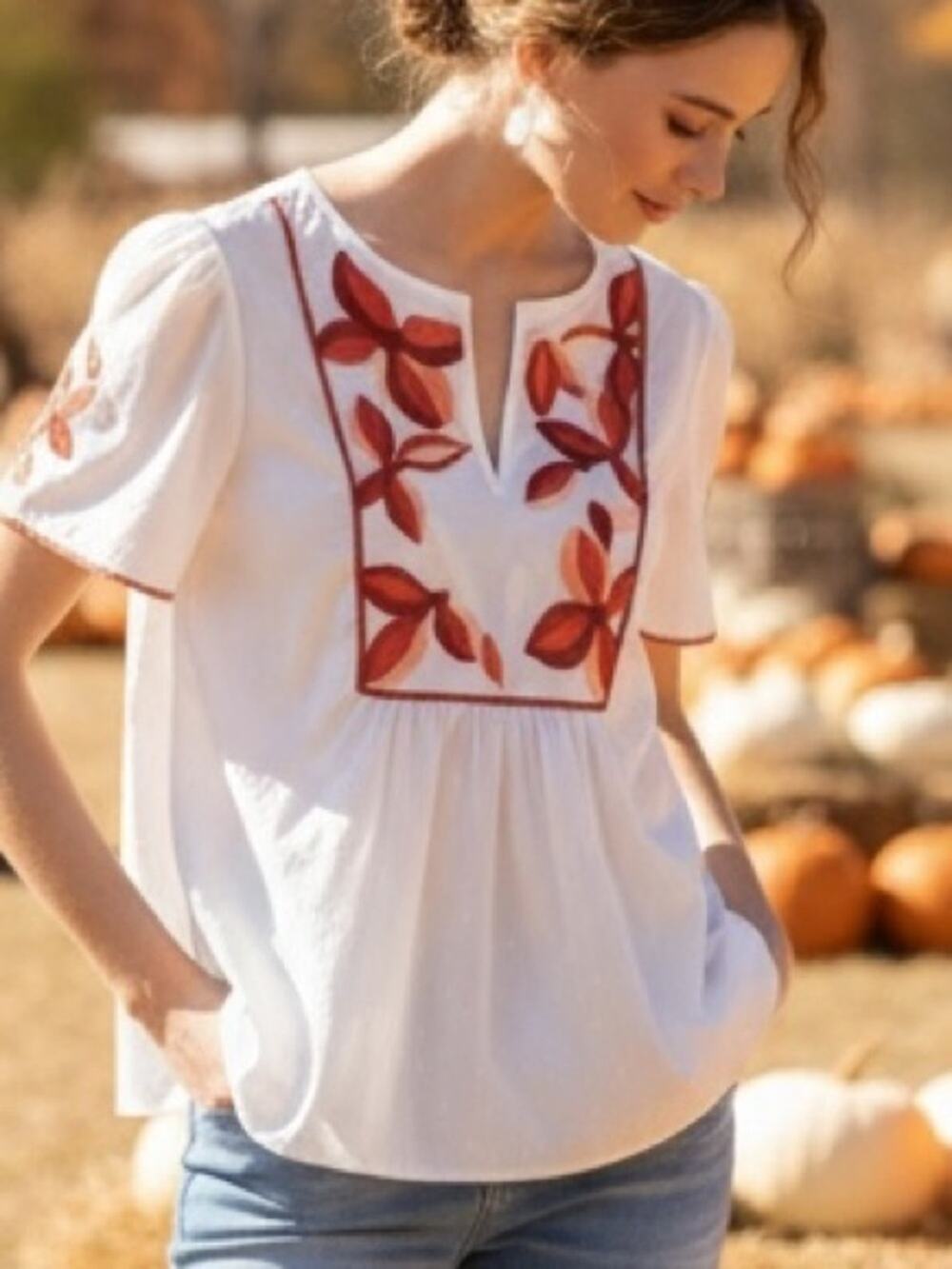 Madewell White Split-Neck Cotton Top with Red Floral Embroidery Size Large